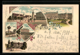 Lithographie Riesa, Bahnhof, Wasserthurm Mit Hotel Höpfner, Hotel Kaiserhof, Ortspartie  - Riesa