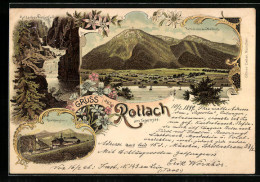 Lithographie Rottach /Tegernsee, Gesamtansicht Mit Wallberg, Rottacher Wasserfall, Hirschberghaus  - Tegernsee