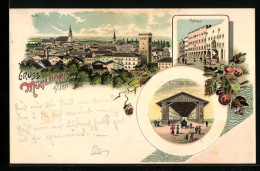 Lithographie Mühldorf A. Inn, Teilansicht, Rathaus, Maximilian-Brücke  - Muehldorf