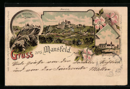 Lithographie Mansfeld, Teilansicht, Burg Mansfeld, Schlosshof  - Mansfeld
