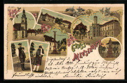 Lithographie Meuselwitz, Rathaus Und Stadthaus, Kirche, Kriegerdenkmal  - Meuselwitz