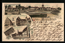Lithographie Mühlberg A. Elbe, Schloss, Kaiserliches Postamt, Rathaus  - Mühlberg