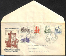 Netherlands 1951 Summer, FDC, Typed Address, Open Flap, Somewhat Wrinkled Cover, First Day Cover, Castles & Fortificat.. - Brieven En Documenten