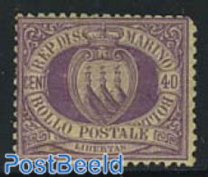 San Marino 1877 40c Purple, Unused Hinged, Short Upper Right Corne, Unused (hinged) - Unused Stamps