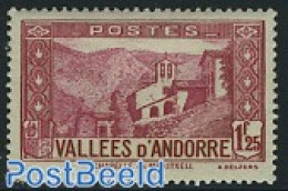 Andorra, French Post 1933 1.25F, Stamp Out Of Set, Unused (hinged), Religion - Churches, Temples, Mosques, Synagogues - Ongebruikt