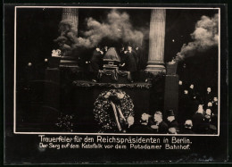 Fotografie Unbekannter Fotograf, Ansicht Berlin, Potsdamer Bahnhof, Trauerfei Für Reichspräsident Friedrich Ebert  - Famous People