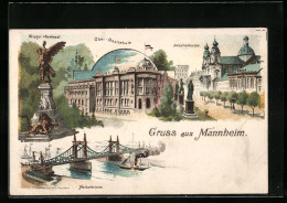 Lithographie Mannheim, Krieger-Denkmal, Neckarbrücke, Jesuitenkirche  - Mannheim