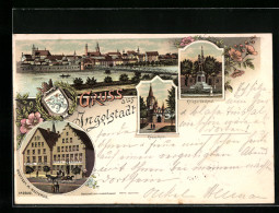 Lithographie Ingolstadt, Hotel Bären, Kriegerdenkmal, Kreuzthor  - Ingolstadt
