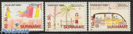 Suriname, Republic 1989 Child Welfare 3v, Mint NH, Transport - Automobiles - Art - Children Drawings - Auto's
