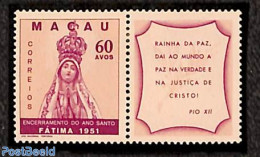 Macao 1951 End Of Holy Year 1v+tab, Mint NH, Religion - Various - Religion - Joint Issues - Neufs
