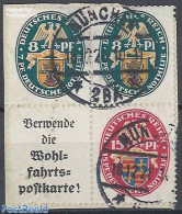 Germany, Empire 1928 Welfare, Block With 2x8Pf, 1x15Pf And 1xtab, Used On Piece Of Letter, Used Stamps, History - Coat.. - Se-Tenant