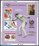 Bolivia 1988 Olympic Games S/s, Mint NH, History - Sport - Coat Of Arms - Fencing - Olympic Games - Stamps On Stamps - Schermen