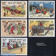Isle Of Man 1990 Classic Postcards 5v, Mint NH, Nature - Transport - Dogs - Railways - Ships And Boats - Art - Comics .. - Treinen
