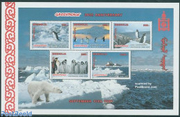 Mongolia 1997 Greenpeace 5v M/s, Mint NH, Nature - Science - Transport - Birds - Greenpeace - Penguins - The Arctic & .. - Milieubescherming & Klimaat