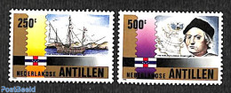 Netherlands Antilles 1992 Columbus 2v, Mint NH, History - Transport - Various - Explorers - Stamps On Stamps - Ships A.. - Onderzoekers