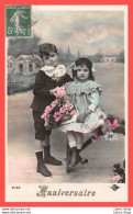 Cpa Fantaisie Anniversaire 1913 Couple D'enfants Fleurs - Édit. ASTOR - Anniversaire