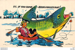 Vintage 1950s Comic Postcard Huge Fish In Boat IF YOU COME....BRING A BIGGER BOAT ! - Humor