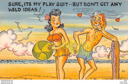 Vintage 1940s Humor Comic Linen Postcard Tichnor Sexy Pretty Lady Man Looking Bathing Suits Beach - Humor