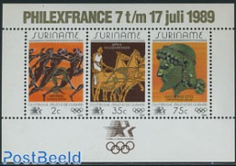 Suriname, Republic 1989 Philexfrance S/s, Mint NH, History - Nature - Sport - Archaeology - Horses - Olympic Games - P.. - Archäologie