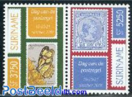 Suriname, Republic 2001 Stamp Day 2v [:], Mint NH, Nature - Butterflies - Stamps On Stamps - Sellos Sobre Sellos