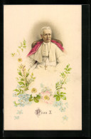 Lithographie Papst Pius X. Mit Wildrosen-Motiv  - Papi