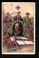 CPA Illustrateur Willy Stoewer: Reichskriegsflagge Et Eisernes Kreuz, Kaiser Wilhelm II, Soldat Der Schutztruppe  - Ehemalige Dt. Kolonien
