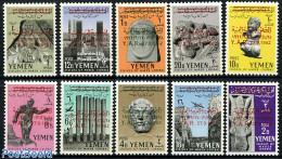 Yemen, Arab Republic 1963 Arab Republic Overprints On Archaeology 10v, Mint NH, History - Nature - Archaeology - Wine .. - Archéologie