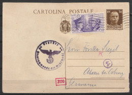 Italie - CP EP 30cts + Tp Hitler & Mussolini 50cts Flam. BOLLANO /7 IX 194? Pour AHORN BEI COBURG - Cachet Censure Allem - Stamped Stationery