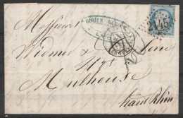 L. Affr. N°60 LGC "2145" Càd LYON /OCT 1871 Pour MULHOUSE - Taxe "20" Au Tampon (au Dos: Càs DIJON, BELFORT & Alsace) - 1871-1875 Ceres