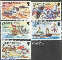 Alderney 1991 Lighthouse Automation 5v, Mint NH, History - Nature - Transport - Various - Coat Of Arms - Birds - Helic.. - Elicotteri
