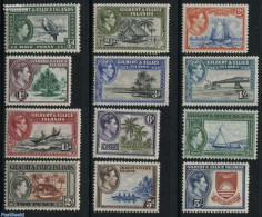 Gilbert And Ellice Islands 1939 Definitives 12v, Unused (hinged), History - Nature - Transport - Coat Of Arms - Birds .. - Schiffe