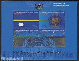 Nauru 1995 50 Years UNO S/s, Mint NH, History - Nature - Transport - Coat Of Arms - Flags - United Nations - Birds - A.. - Flugzeuge