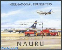 Nauru 2002 Fire Fighting S/s, Mint NH, Transport - Automobiles - Fire Fighters & Prevention - Aircraft & Aviation - Voitures