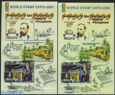 Nauru 2000 World Stamp Expo 2 S/s, Mint NH, Science - Transport - Mining - Philately - Railways - Trains