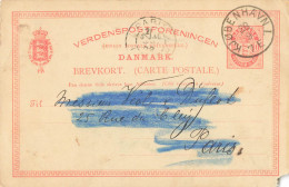 DANMARK BREVKORT ENTIER POSTAL 10 KJOBENHAVN 28/9/1892 POUR PARIS - Enteros Postales