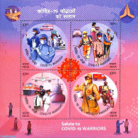 India 2020 Covid-19 Warriors S/s, Mint NH, Health - Transport - Various - Health - Post - Motorcycles - Aircraft & Avi.. - Unused Stamps