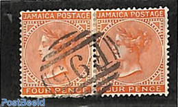 Jamaica 1883 4d, WM Crown-CA Used Pair F95 (=Watson's Hill), Used Stamps - Jamaica (1962-...)