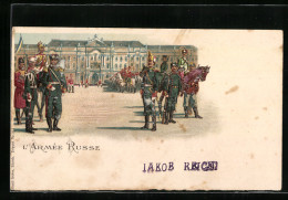 Lithographie Armée Russe, Soldaten Bei Kavallerie-Parade Vor Einem Schloss  - Autres & Non Classés