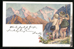 Künstler-Lithographie Kleine Nackte Bergsteiger  - Mountaineering, Alpinism
