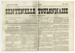 83 VAR  Journal Sentinelle Toulonnaise Du 24/01/1870 Timbre De 2 C Violet Dentelé Journal Obl Typo Journal Complet SUP - Zeitungsmarken (Streifbänder)
