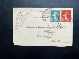 10c ENTIER CARTE LETTRE & 5c SEMEUSE / CONVOYEUR LIGNE MEAUX A PARIS  / CHELLES POUR COLLIGNY / 1919 - Letter Cards