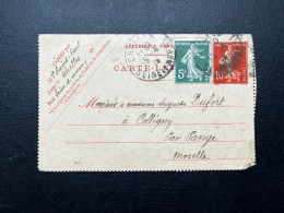 10c ENTIER CARTE LETTRE & 5c SEMEUSE / CHELLES POUR COLLIGNY / 1919 - Cartoline-lettere