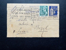 65c TYPE PAIX & 25c MERCURE SUR CARTE LETTRE ENTIER / NICE POUR BOZEL  / 1939 - Kaartbrieven