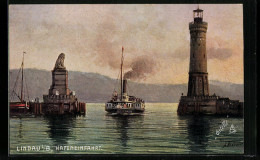 Künstler-AK Lindau, Hafeneinfahrt Dampfer  - Lindau A. Bodensee