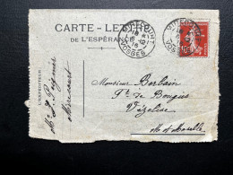 10c SEMEUSE SUR CARTE LETTRE DE L'ESPERANCE / MIRECOURT VOSGES POUR VEZELISE / 1916 - WW I