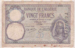 Banque De L'Algérie ,surcharge  Tunisie , 20 Francs Du 4 3 1929 , Alphabet A.2936 ,n° 890 - Tunisie