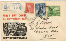 AUSTRALIE AUSTRALIA RECOMMANDE FDC PREMIER JOUR 150 ANNIVERSARY CITY NEWCASTLE 1947 BE - Lettres & Documents