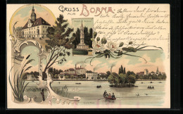 Lithographie Borna, Stadt-Haus, Krieger-Denkmal, Breiter Teich  - Borna