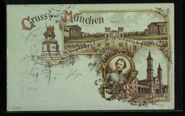 Lithographie München, Propyläen, Ludwigskirche, Ludwig I.  - Muenchen