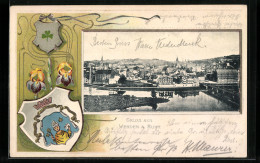 Passepartout-Lithographie Werden A. Ruhr, Ortsansicht Mit Brücke Aus Der Vogelschau, Wappen  - Other & Unclassified